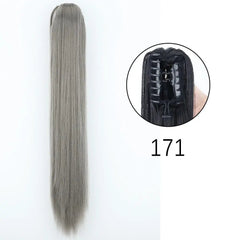 A long straight grey synthetic ponytail hair extension with a claw clip attachment.
