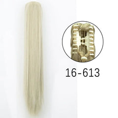 A long, straight, platinum blonde synthetic ponytail hair extension with a claw clip attachment.