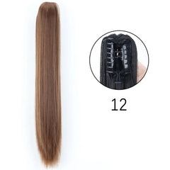 A long, straight brown synthetic ponytail hair extension with a claw clip attachment.