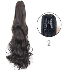 A long, wavy dark brown synthetic ponytail hair extension with a claw clip attachment.