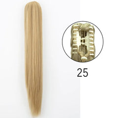 A long, straight blonde synthetic ponytail hair extension with a claw clip attachment.