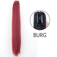 A long, straight, burgundy synthetic ponytail hair extension with a claw clip attachment.