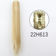 A long, straight, blonde synthetic ponytail hair extension with a claw clip attachment.