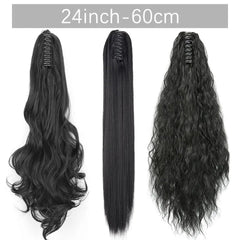 Three 24-inch synthetic ponytail hair extensions with claw clips in wavy and straight styles.