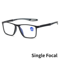 Black TR90 reading glasses with blue light blocking lenses and a single focal sticker.