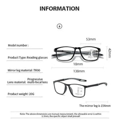 A diagram showing the dimensions of black TR90 progressive multifocal reading glasses.