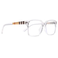 The TR90 Retro Square Anti Blue Light Optical Glasses feature clear rectangular frames with beige accents and brown-red stripes by the hinges, blending stylish design with eye protection for men and women. Ideal for fashion, office, or computer use.
