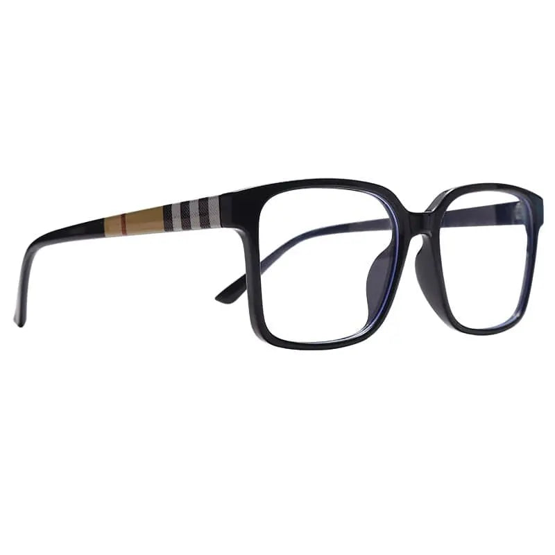 TR90 Retro Square Anti Blue Light Optical Glasses Frames for Men and Women feature a black rectangular cat-eye frame, wide arms with black, white, and beige stripes near the hinges—ideal for office or computer use.
