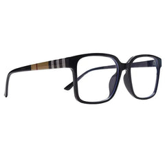 TR90 Retro Square Anti Blue Light Optical Glasses Frames for Men and Women feature a black rectangular cat-eye frame, wide arms with black, white, and beige stripes near the hinges—ideal for office or computer use.