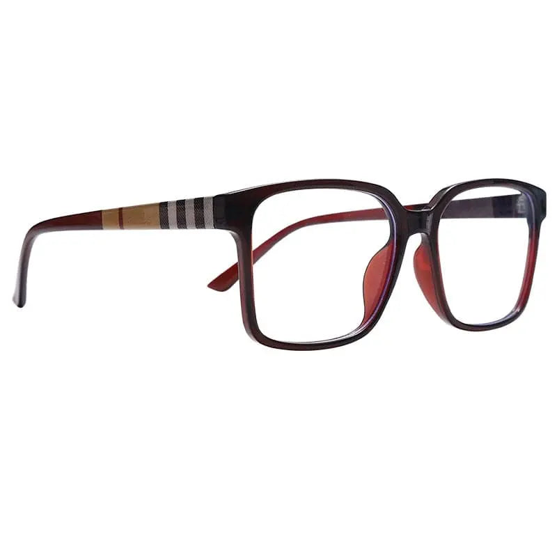 TR90 Retro Square Anti Blue Light Optical Glasses Frames for Men and Women feature square, dark-rimmed metal frames with black, white, and gold striped detailing on the arms near the hinges—ideal for office or computer use.