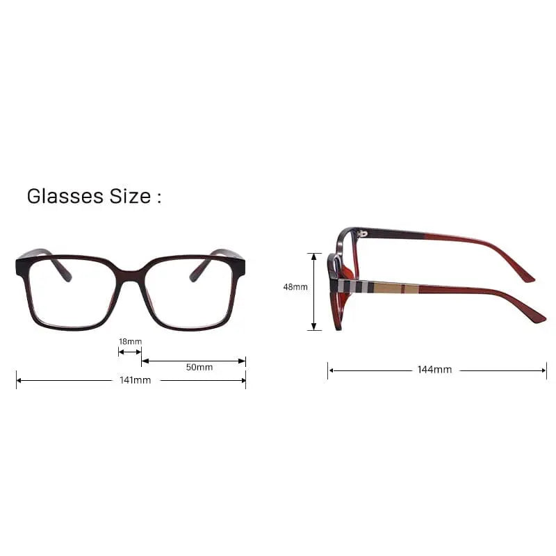 Diagram showing measurements of TR90 Retro Square Anti Blue Light Optical Glasses Frames: frame width 141mm, lens width 50mm, bridge 18mm, temple length 144mm, lens height 48mm. Brown frames with striped temples.