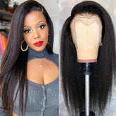 A long kinky straight human hair lace frontal wig shown on a model and a mannequin head.