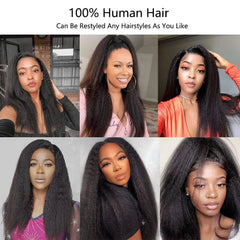 A collage of six women wearing long, kinky straight human hair lace frontal wigs.
