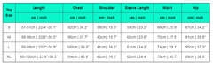 A size chart table for a two-piece women's tracksuit showing measurements in centimeters and inches.