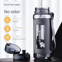 A grey Uzspace Tritan sports water bottle with a textured grip and a flip-top lid.