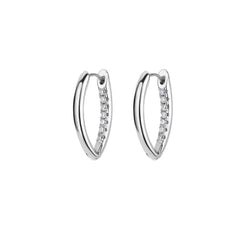 A pair of silver-toned U-shaped hoop earrings featuring a row of small clear stones.