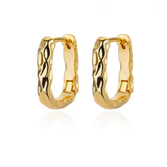 A pair of gold-toned, U-shaped square hoop earrings with a textured, hammered surface.