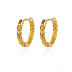 A pair of gold-toned stainless steel hoop earrings featuring a textured, square-link design.