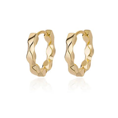 A pair of gold-toned hoop earrings featuring a textured, wavy square-shaped design.