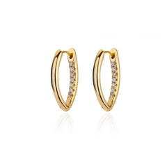 Gold-toned U-shaped hoop earrings featuring a row of small clear stones on the inner edge.