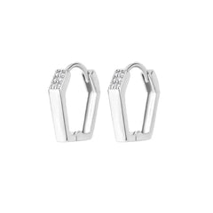 A pair of silver-toned, U-shaped square hoop earrings featuring a small section of pavé stones.