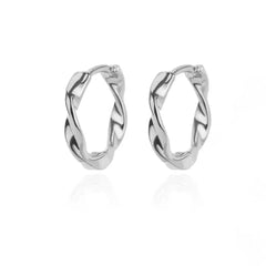 A pair of silver-toned stainless steel hoop earrings featuring a twisted, square-shaped design.