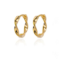 A pair of gold-toned, twisted square-shaped hoop earrings made of stainless steel.