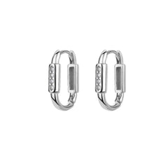 A pair of silver-toned U-shaped hoop earrings featuring a small row of clear stones on one side.