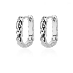 A pair of silver-toned, U-shaped square hoop earrings with a textured, hammered finish.