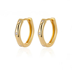 A pair of gold-toned, U-shaped square hoop earrings featuring three small embedded crystals.