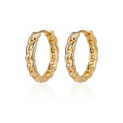 A pair of gold-toned stainless steel hoop earrings featuring a textured chain-link design.