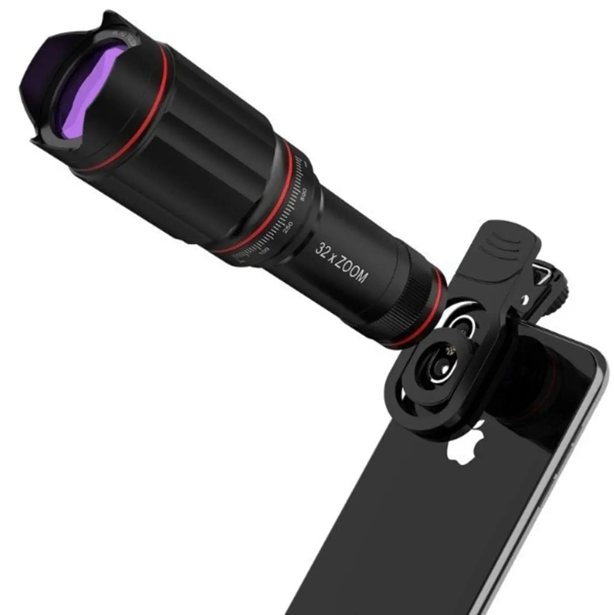The Ultra Crystal HD 32x Zoom Telescope Mobile Phone Camera Lens Set, in black with red accents, clips onto a smartphone to boost its camera for close-up photography.