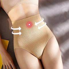 A woman wearing Underwear Bragas Fajas Women Shaper Thong Bodyshaper Nude Low High Waist Tummy Tuck Shapewear Panty lies on a bed, with white arrows and a red target graphic highlighting its slimming effect on her waist.