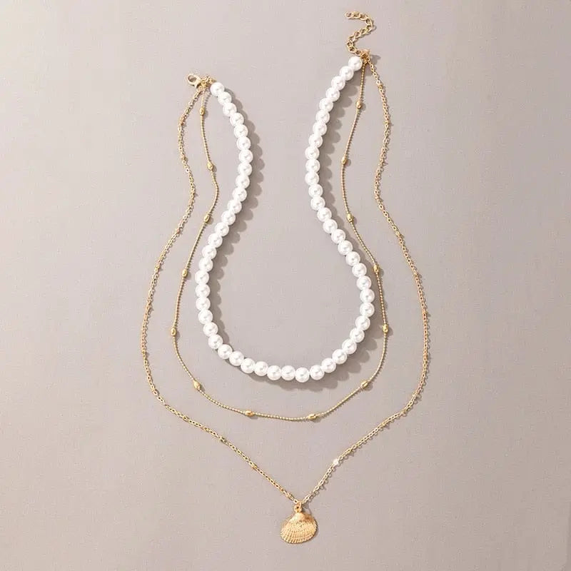 The Vintage Style Simple 6MM Pearl Chain Choker Necklace features a classic pearl strand, a delicate gold chain with beads, and a gold shell pendant—an elegant choice for women’s fashion jewelry and perfect for weddings.