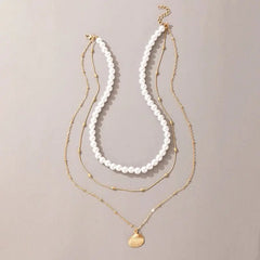 The Vintage Style Simple 6MM Pearl Chain Choker Necklace features a classic pearl strand, a delicate gold chain with beads, and a gold shell pendant—an elegant choice for women’s fashion jewelry and perfect for weddings.