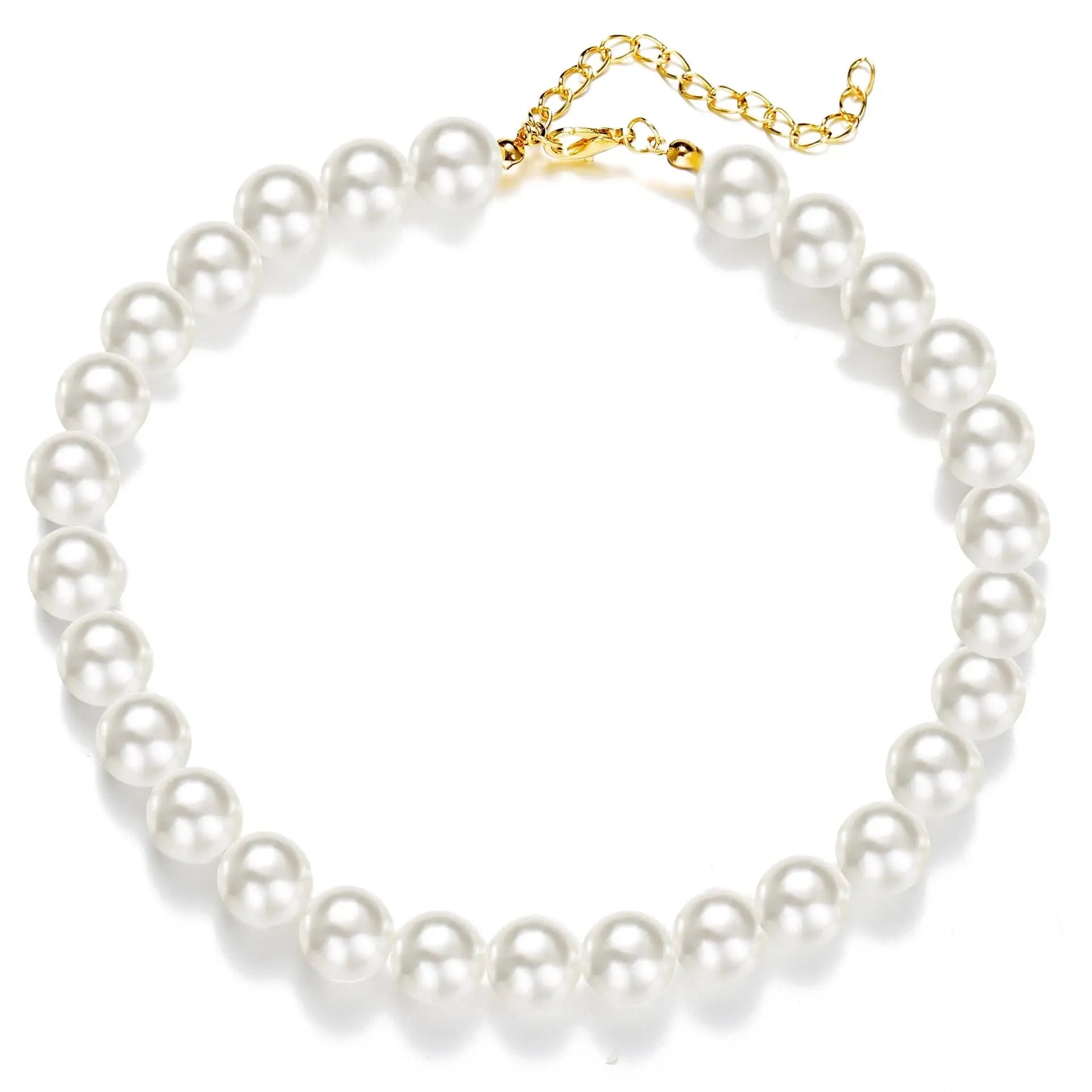 The Vintage Style Simple 6MM Pearl Chain Choker Necklace for Women features round pearls and a gold chain clasp, arranged in a circular shape on a white background.