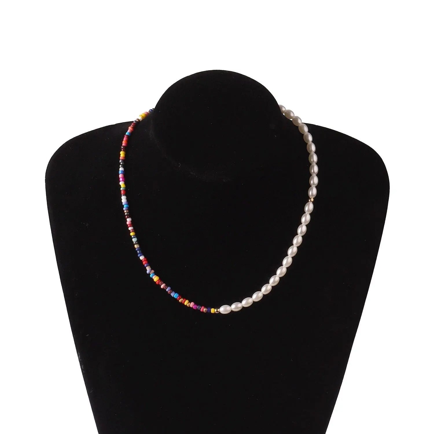 The Vintage Style Simple 6MM Pearl Chain Choker Necklace for Women features half white pearls and half vibrant red, blue, yellow, pink, and orange beads for a playful yet elegant touch—perfect for weddings, parties, or everyday fashion.