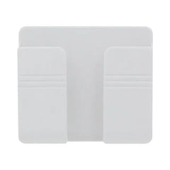 A white wall-mounted mobile phone holder made of plastic with a minimalist design.