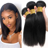 A smiling woman with straight, shoulder-length black hair poses beside a hand holding Wholesale Hair Raw Indian Straight Human Hair Bundles in natural black, bone straight extensions, offered in a 2/3 bundles deal.