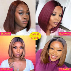 Four women wearing straight bob wigs in brown, red wine, highlight, and caramel colors.