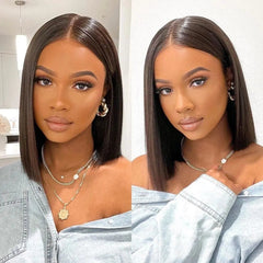 A woman wearing a sleek, shoulder-length, bone-straight natural black human hair wig.