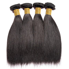 Four bundles of straight, natural black Indian human hair extensions with gold-colored ties.