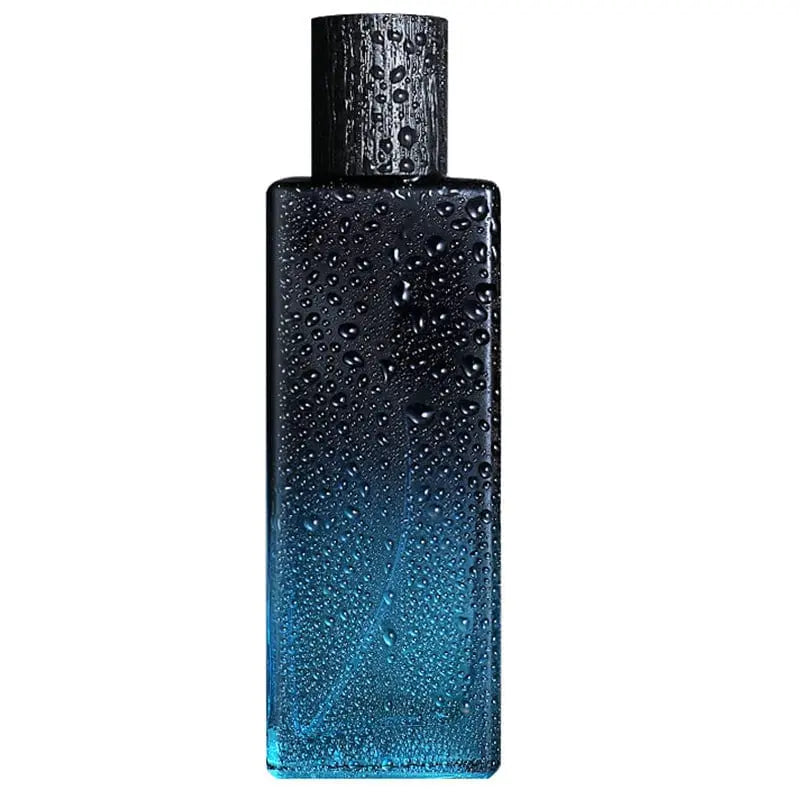 A rectangular blue gradient perfume bottle with a textured black cap is adorned with water droplets against a white background, highlighting the freshness and elegance of Wholesale perfume scents long lasting fragrances men cologne.