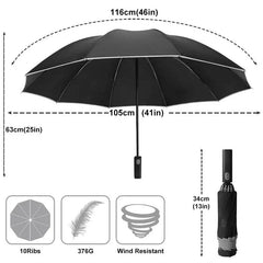 A black, ten-rib, fully automatic folding umbrella with dimensions and weight specifications.