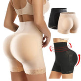 A woman models Women Butt Lifter Panties Body Shaper High Waist Cinchers with a matching bra. Two extra shapewear shorts (beige, black) are beside her, while red arrows highlight the waist and hip shaping effect.