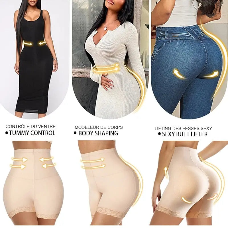 A collage shows women wearing Women Butt Lifter Panties Body Shaper High Waist Cinchers, highlighting tummy control, hip lifting, and body shaping effects with yellow arrows emphasizing enhanced curves and targeted support areas.