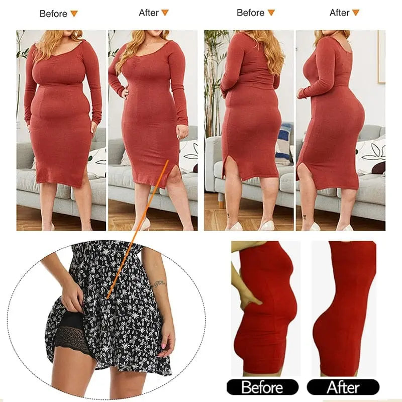 A woman in a red dress is shown before and after wearing Women Butt Lifter Panties Body Shaper High Waist Cinchers, revealing a slimmer figure. She lifts her skirt to display the seamless shapewear on her waist and thigh.
