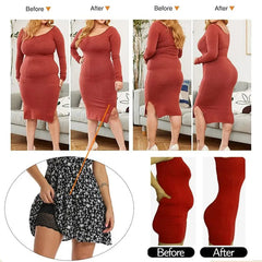A woman in a red dress is shown before and after wearing Women Butt Lifter Panties Body Shaper High Waist Cinchers, revealing a slimmer figure. She lifts her skirt to display the seamless shapewear on her waist and thigh.