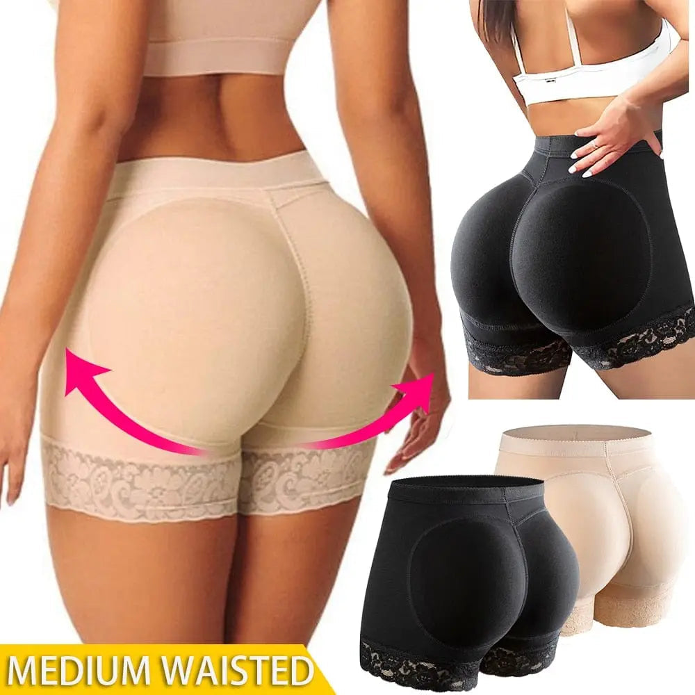 Models showcase Women Butt Lifter Panties Body Shaper High Waist Cinchers in beige and black, featuring lace-trimmed legs for hip and buttock enhancement. A pink arrow highlights "MEDIUM WAISTED" on these push-up seamless padded shapewear shorts.