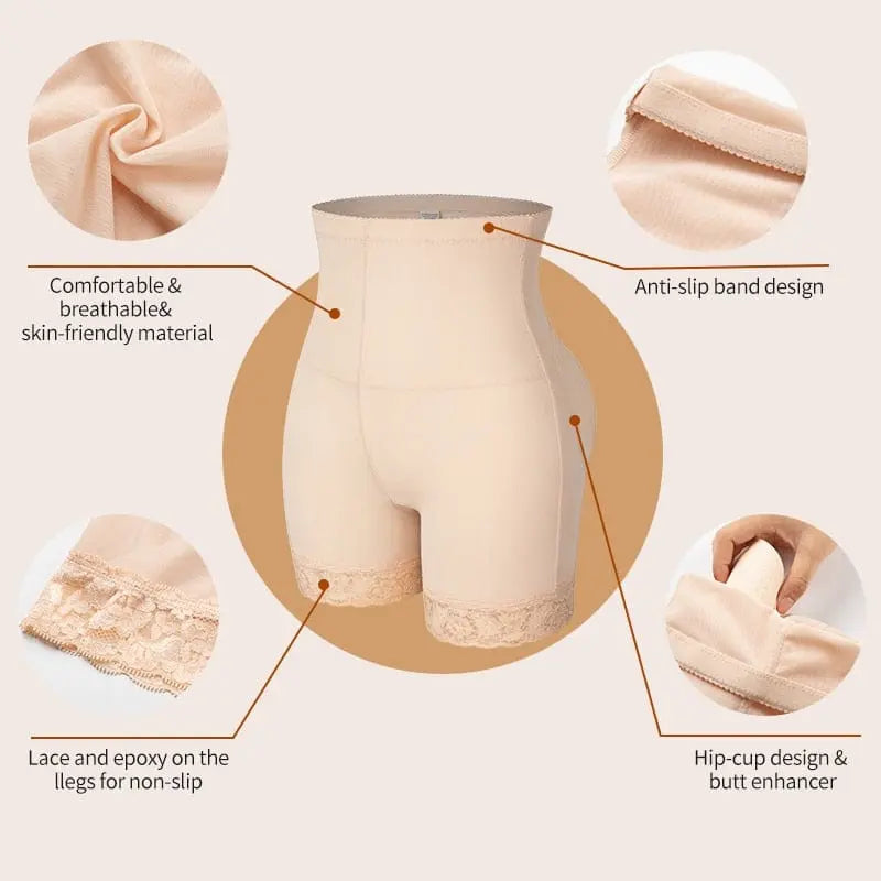 The Women Butt Lifter Panties Body Shaper High Waist Cinchers offers push up, seamless hip-lifting shapewear with fake pads, anti-slip band, lace trim, epoxy non-slip legs, and breathable skin-friendly material for comfortable wear.